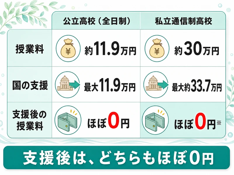 公立高校と私立通信制高校の授業料と国の支援の比較
